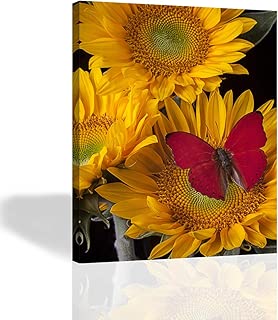 Purple Verbena Art - Framed Yellow Sunflowers with Red Butterfly Prints on Canvas Painting, Modern Giclee Canvas Prints Artwork Abstract Landscape 1 Panel Painting for Home Decor, 12x16 Inches - coolthings.us