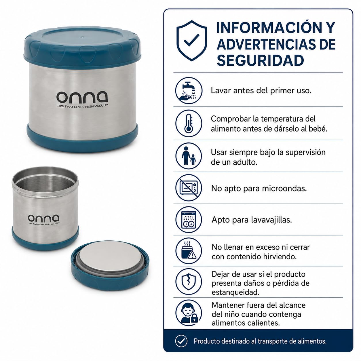 ONNA Termo Porta Alimentos 500 ml, Recipiente Térmico de Acero Inoxidable para Comida (1802MB)