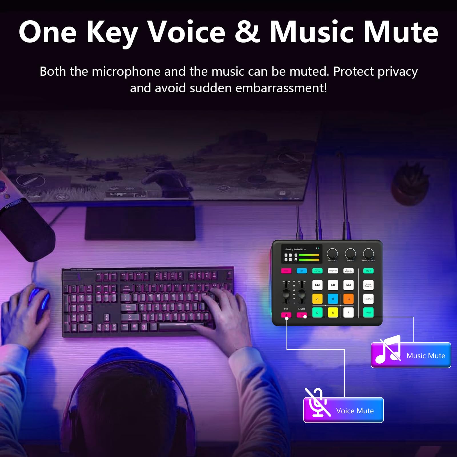Mezclador de Audio, RGB Streaming Gaming Audio Mixer con Interfaz de XLR, Alimentación Phantom de 48V, Mezclador de Audio para Juegos para Transmisión en Vivo, Podcasting, Creación de Contenido