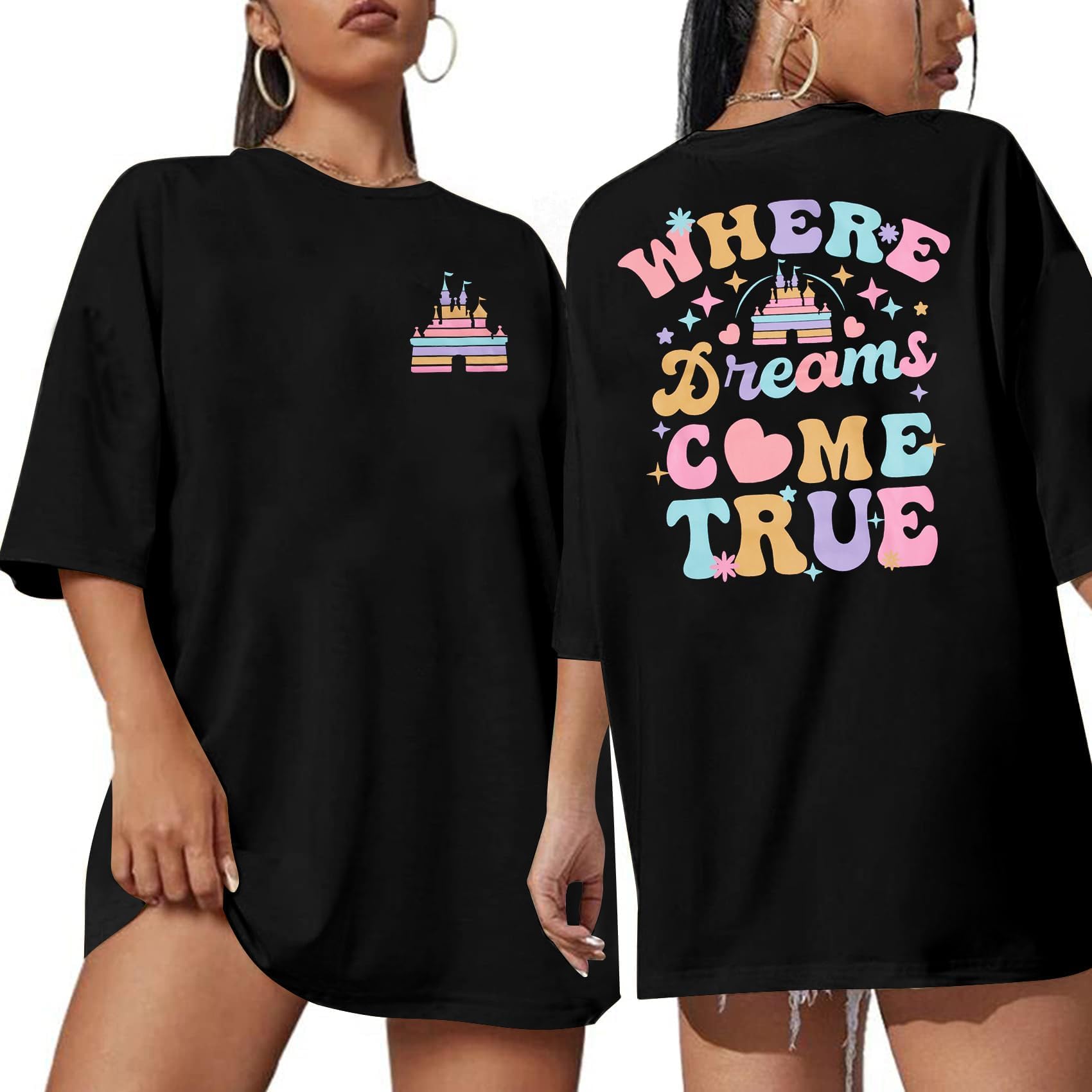 ASTANFYMagic Kingdom Shirts for Women: Oversized Castle Graphic Tees Magical Fairy Tale Gift Shirt Casual Short Sleeve Tops