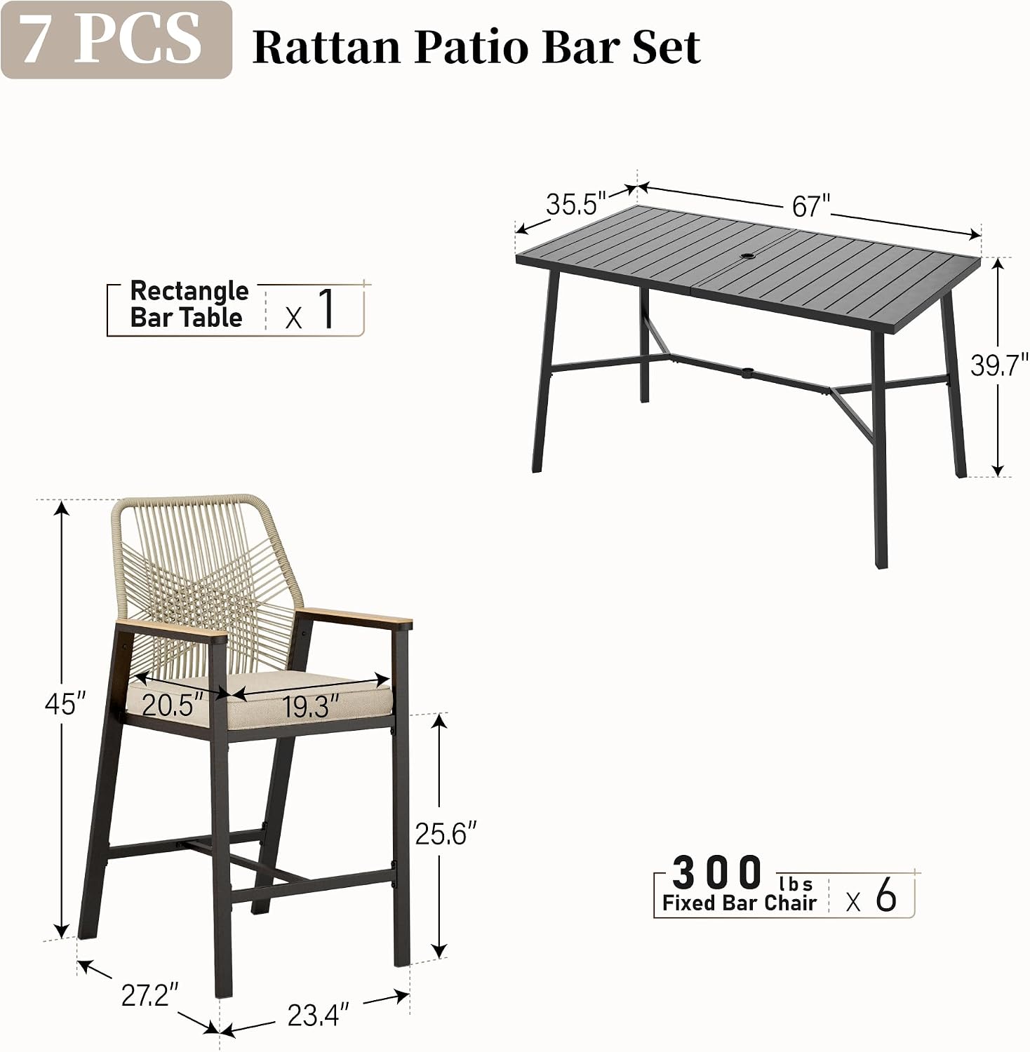 SUNSHINE VALLEY Patio Bar Set 7 Piece, All Weather Rattan Bar Stools with Waterproof Cushion, 40” Height Metal Bar Table, Outdoor High Top Table and Chairs for Backyard Lawn