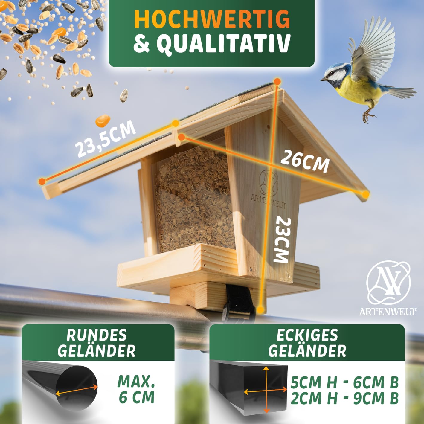 Casetta per uccelli adatta alla specie per ringhiere del balcone o da appendere | montaggio senza graffi, mangiatoia per uccelli di alta qualità, casetta per uccelli, confezione regalo
