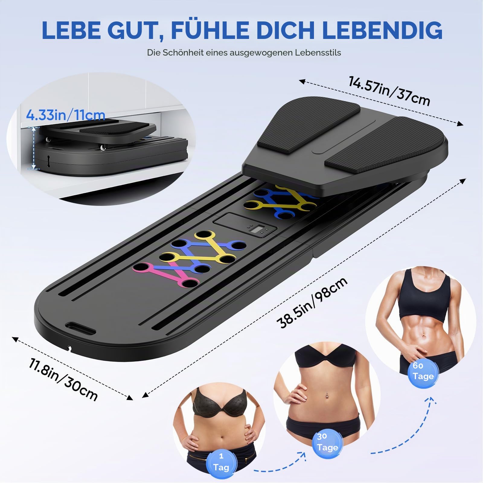 Mini-Pilates-Trainer, 6-in-1 mit intelligentem Zähler, Pilatesbrett mit Widerstandsbändern, automatischer Rückprallrolle, zusammenklappbares Bauchbrett