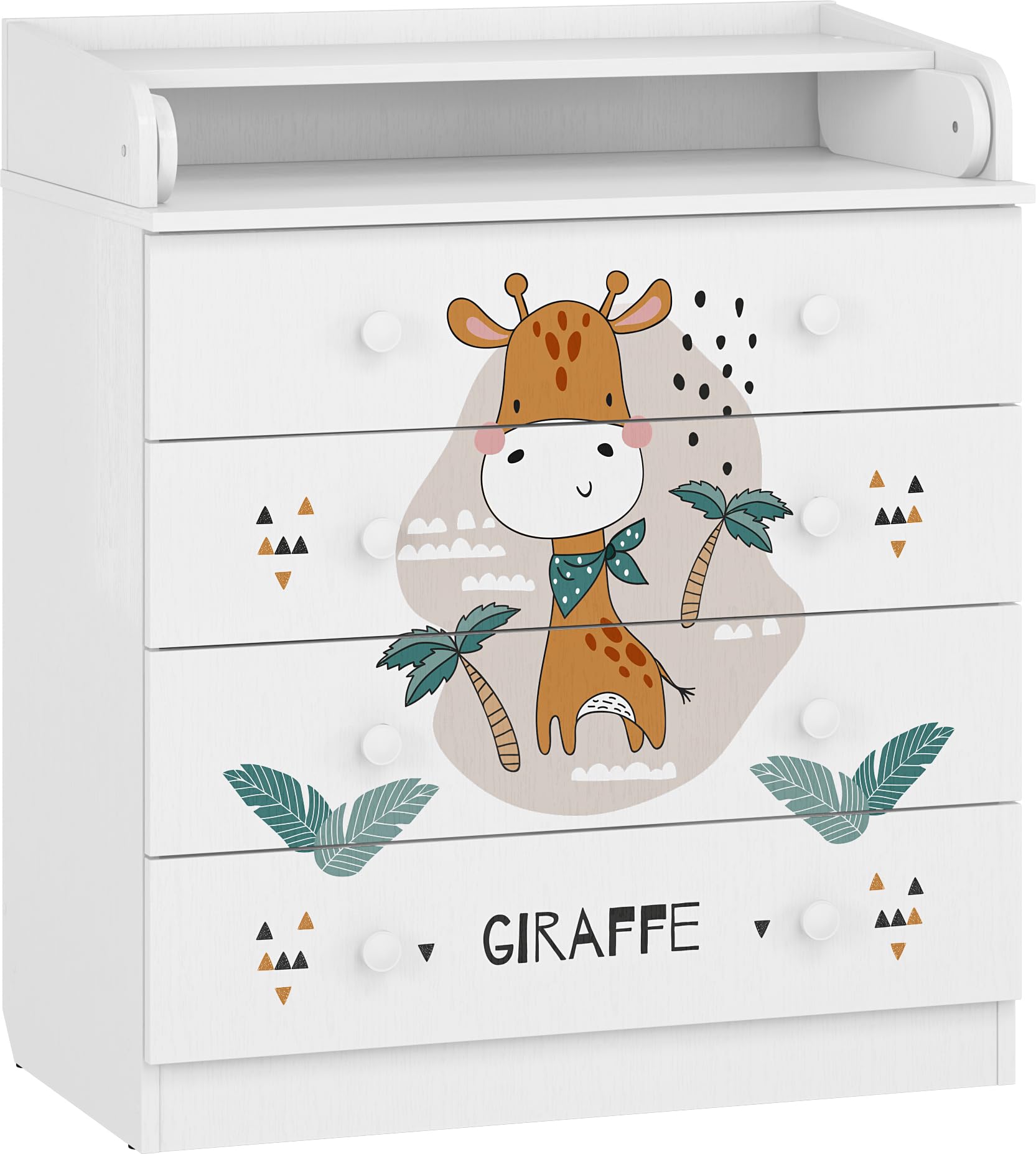 Shefa 800 Kids Baby Changing Table White Giraffe Chest of Drawers with 4 Drawers and Changing Unit