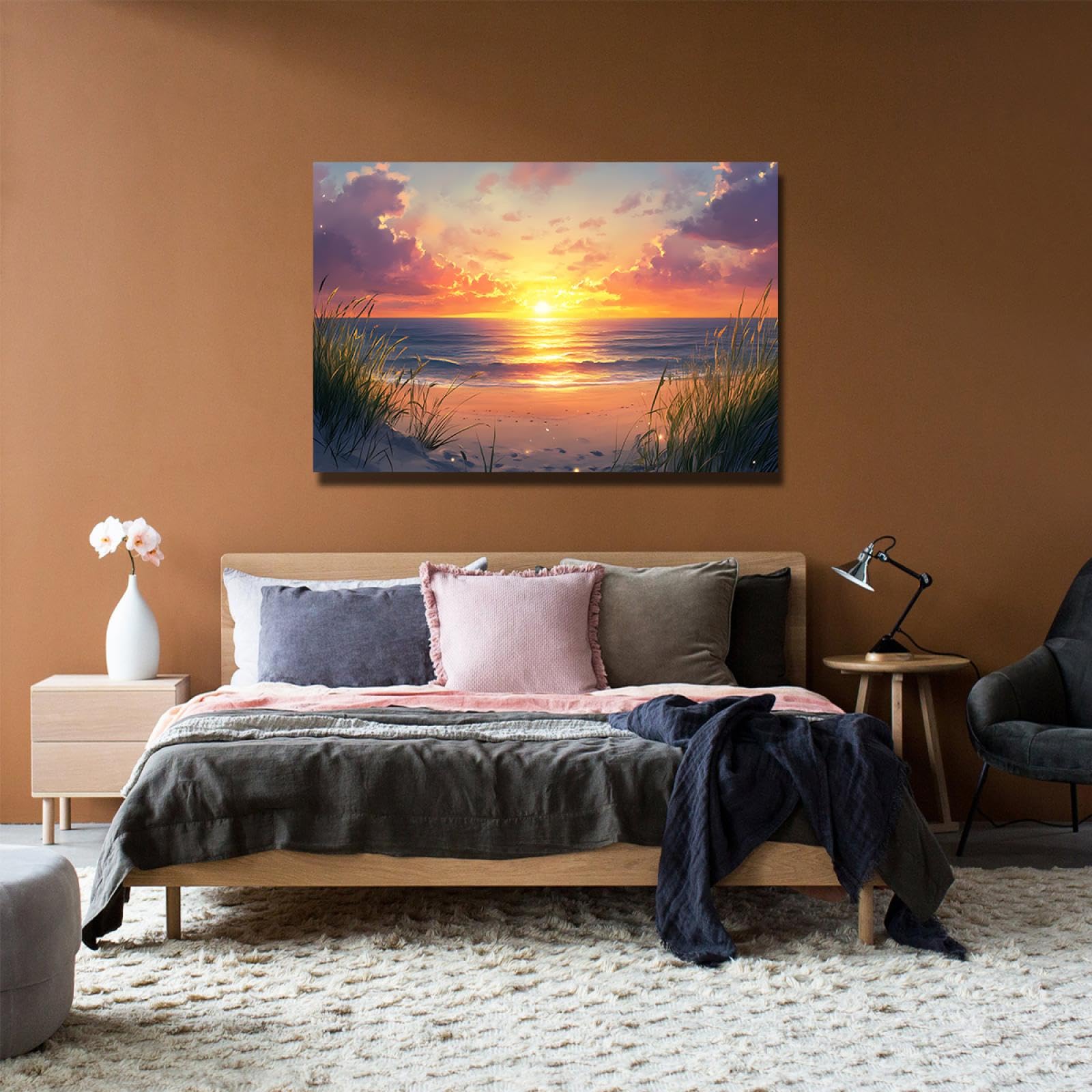 OSHIONARTE Sonnenaufgang und Sonnenuntergang Leinwandbilder gerahmt für Wohnzimmer Sandiger Weg zum Meer mit Seegras Bilder Druck auf Leinwand 60x90cm Innenrahmen