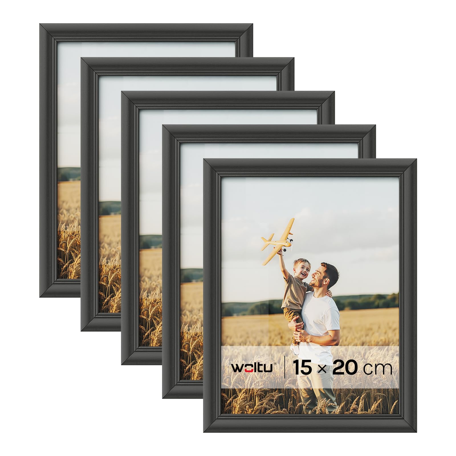 WOLTU Bilderrahmen 15x20, 5er set, Massivholz Fotorahmen mit Passepartout | Schwarz, Front aus PS-Platte, Posterrahmen zum vertikalen oder horizontalen Aufhängen und Aufstellen, Collage Wanddeko