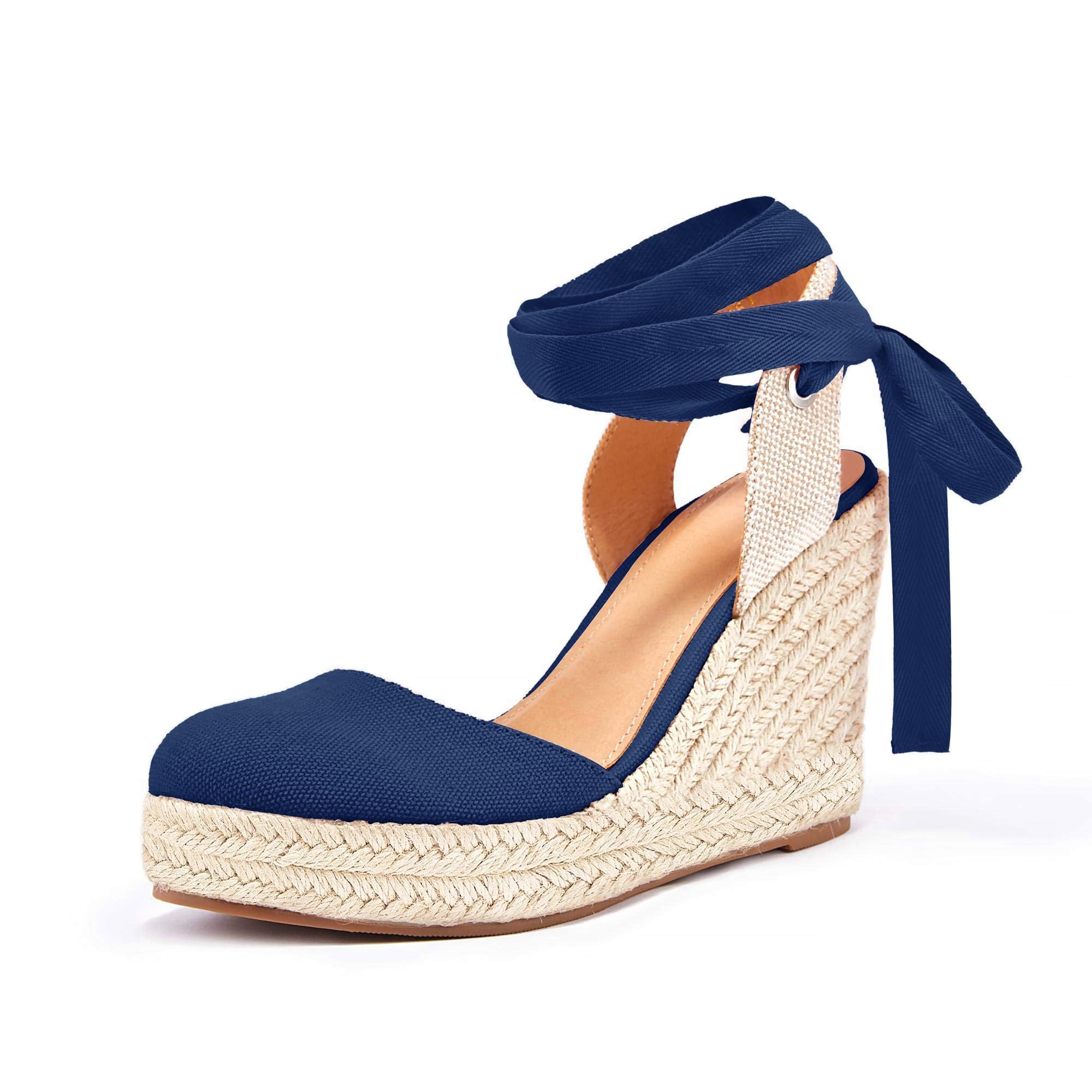 Ermonn Alpargatas para mujer, sandalias de cuña con plataforma, puntera cerrada, correa al tobillo, zapatos de verano con cordones, 1-azul marino, 8.5 US