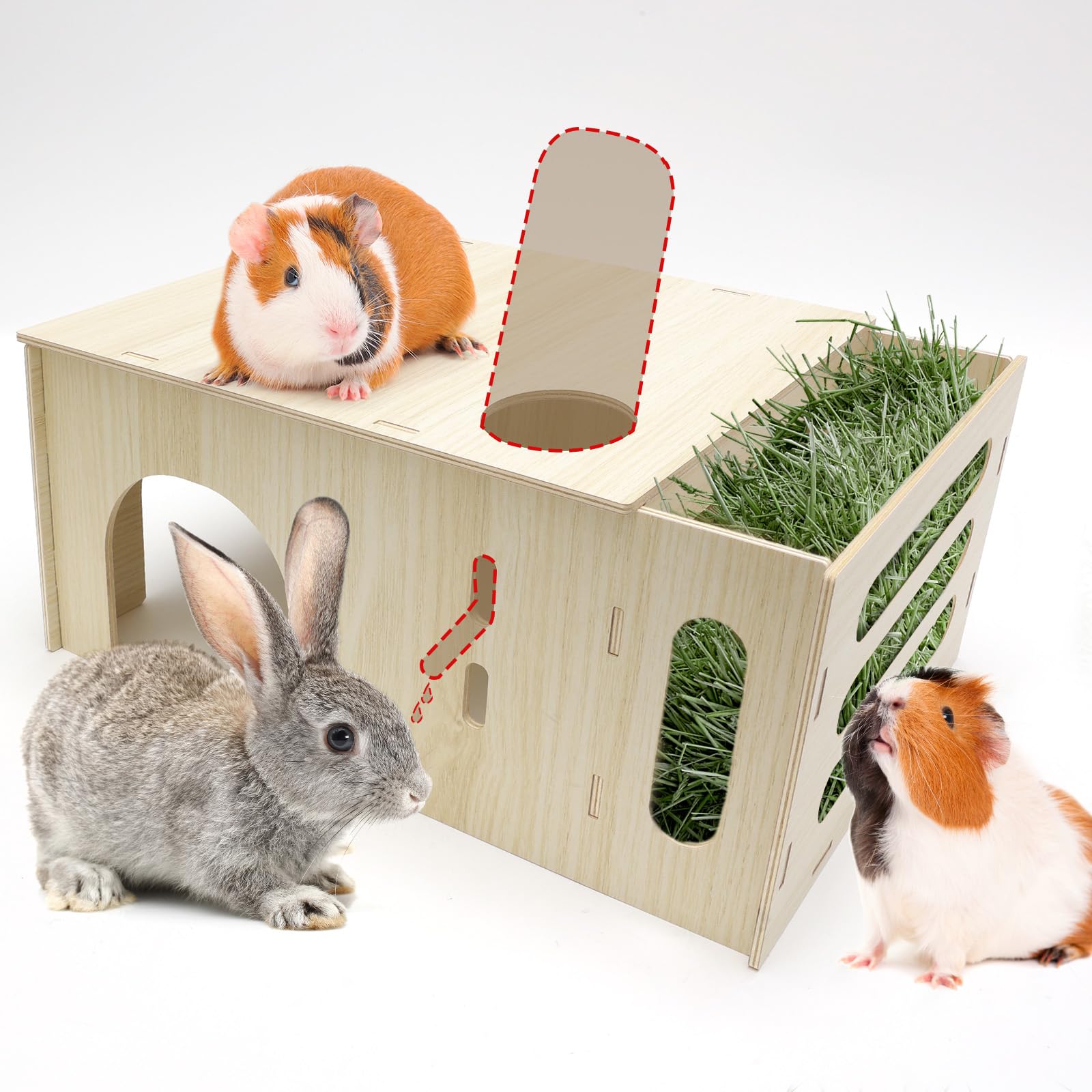 Maisonnette avec Mangeoire à Foin pour Lapin, 2 en 1 Cabane Cochon d'Inde en Bois pour Petits Animaux
