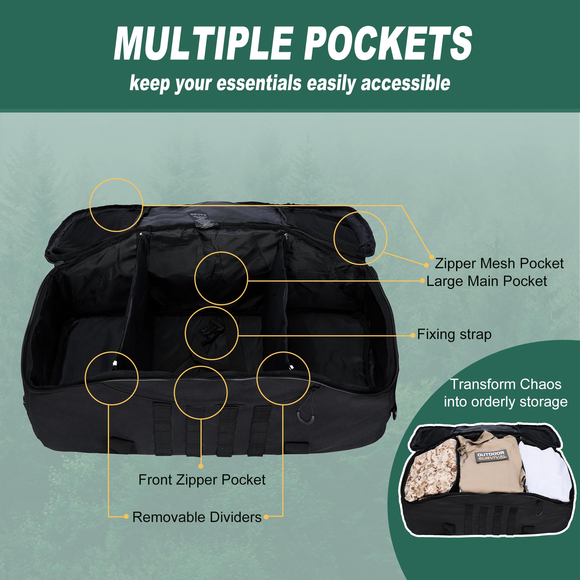 Zaino tattico 3 in 1 da palestra, borsa sportiva da viaggio per la notte, nero, 80L, Borsone | Funziona come borsa da gamma o zaino da moto, ideale per palestra, viaggi, campeggio, caccia e organizzazione degli attrezzi