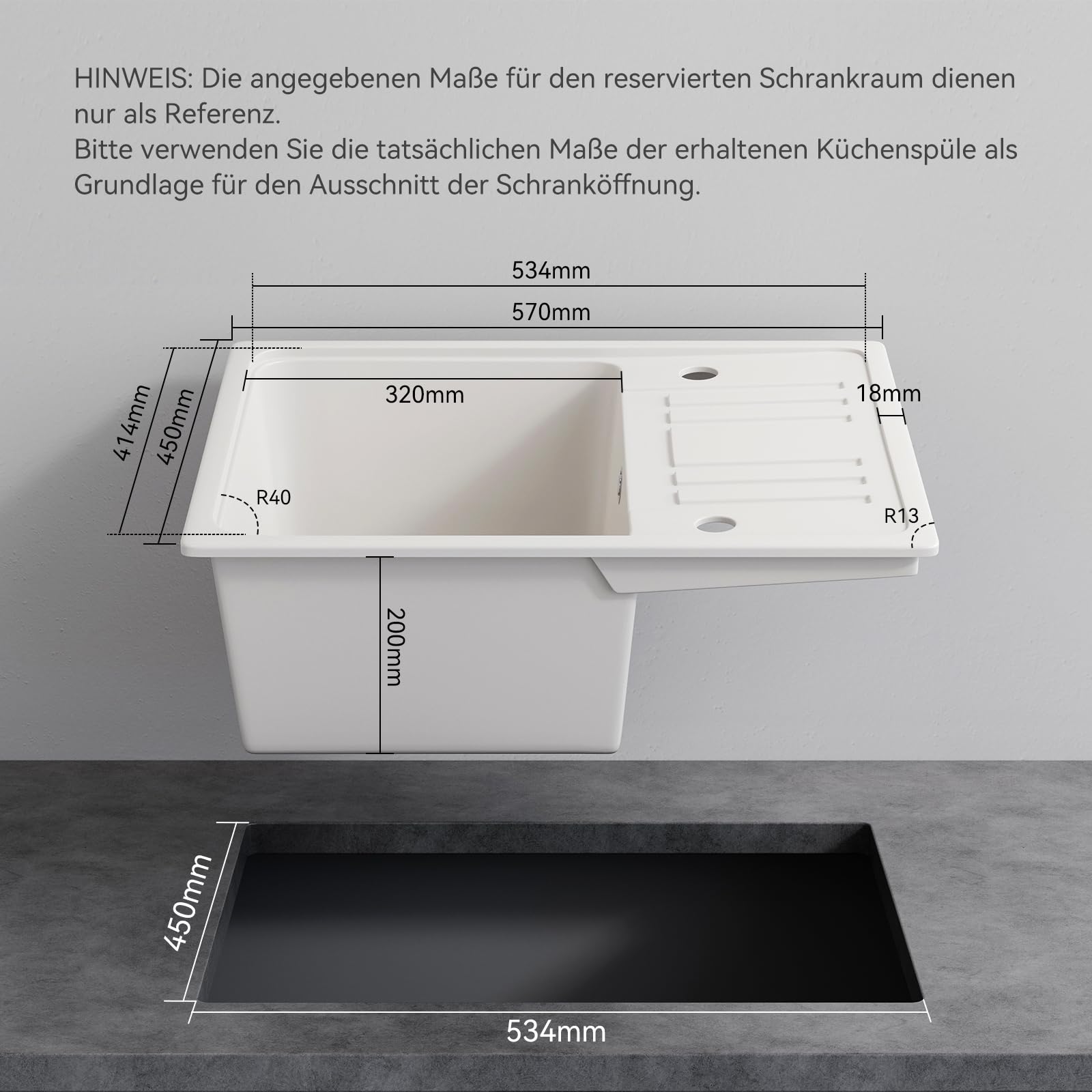 HOROW Küchen Spülbecken mit Abtropffläche inkl. Siphon-Set 57×45cm Weiß | Küchenspüle für Links und Rechtsmontage geeignet, Hoher Quarzanteil, Langlebig, Geräumig, Kratzfest, Einfache Montage