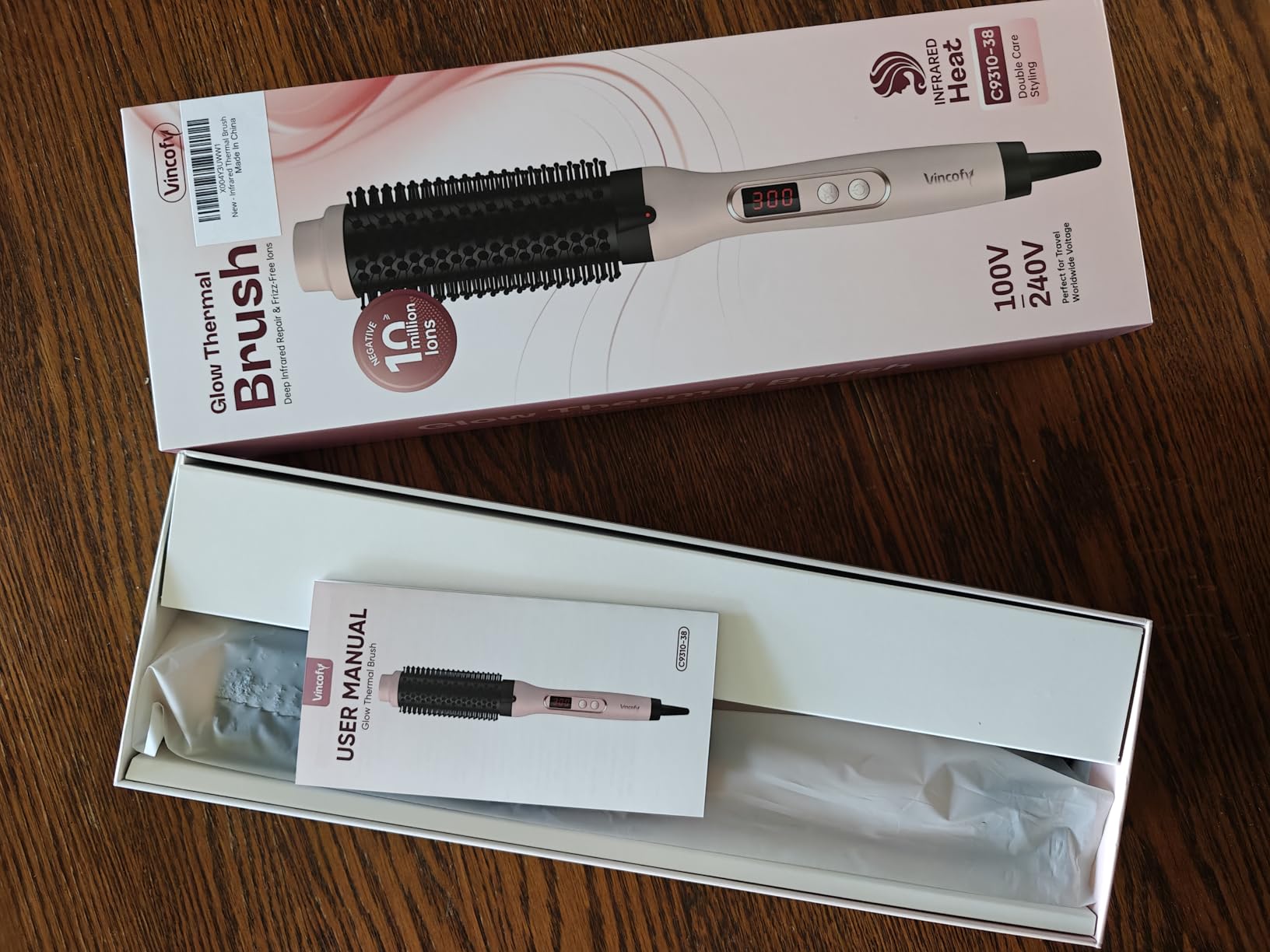 vincofy Infrared Thermal Brush, Dual Voltage Negative Ions Heated Round Brush, 1 1/2 Inch Straightener & Curling Iron Brush 2 in 1, Dual PTC Non-Blowing Thermal Round for Wome, Pink