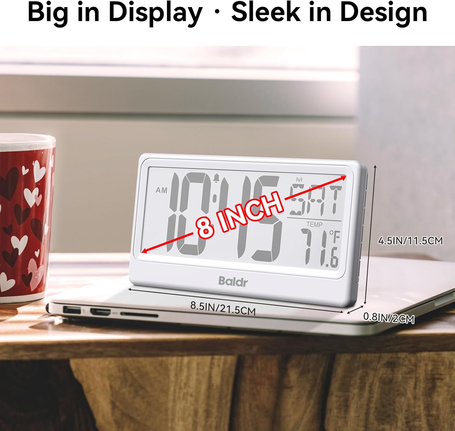 Baldr Digital Clock with Bluetooth Auto Time Sync, No App Required, Large Display Non-Backlit Desktop Alarm Clock, Battery Operated, Temperature & Weekday, Wall or Desk Clock for Home Office, White