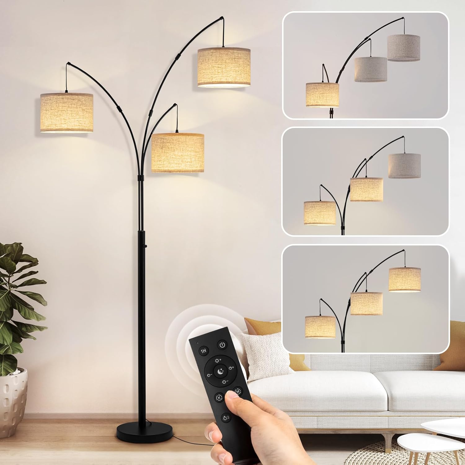 Arc Floor Lamp, 3 Light Floor Lamp with Remote, 2400LM Super Bright Tall Standing Lamp with 3 Color Temps & Dimmable, 80" Mid Century Tree Floor Lamps for Living Room, Bedroom, Office Black-Linen Shade