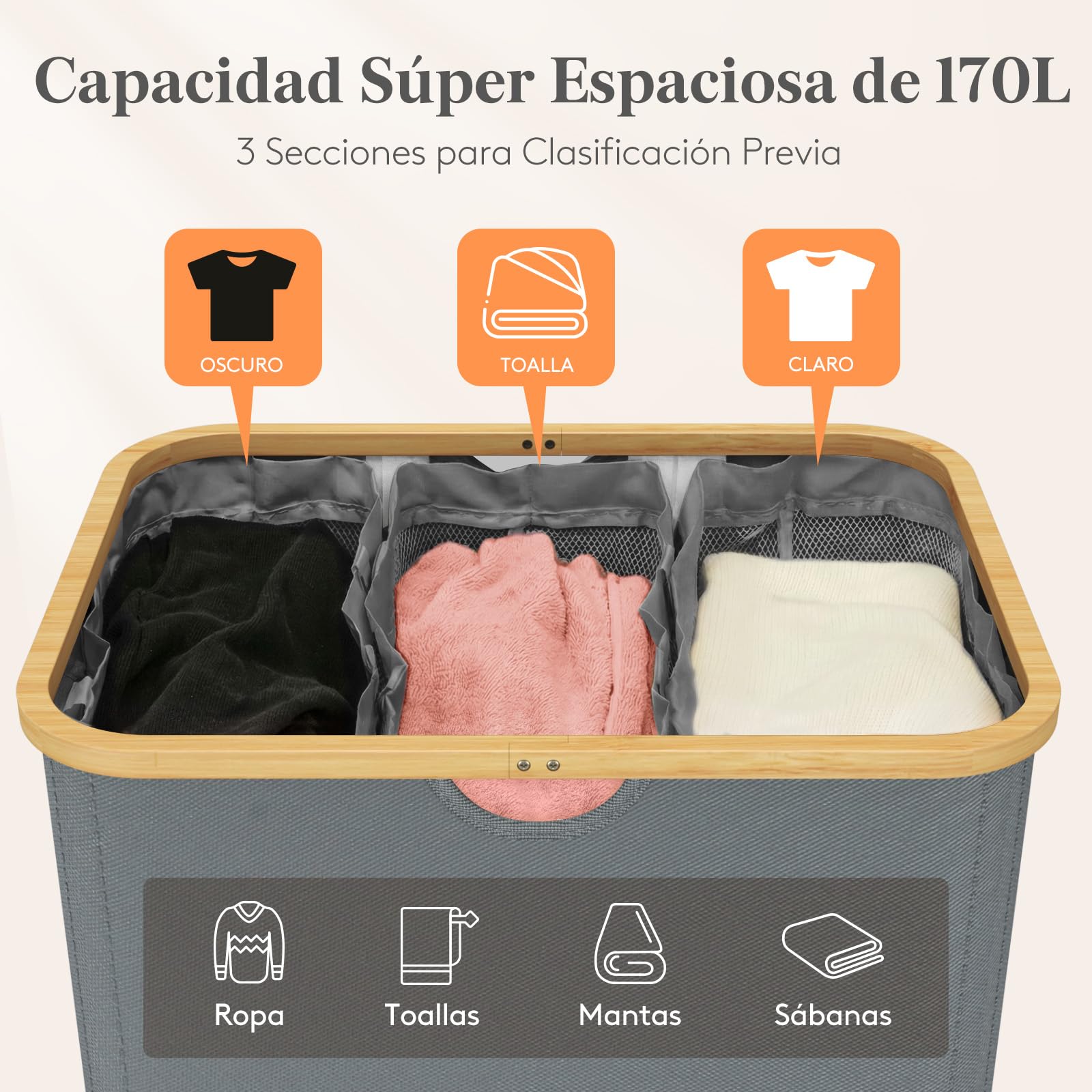 Lifewit 170L Cesto Ropa Sucia con Tapa, Grande Cesta para la Ropa Sucia con 3 Compartimientos y 3 Bolsas, Cubo Ropa Sucia para Dormitorio, Baño y Lavadero, Gris Claro