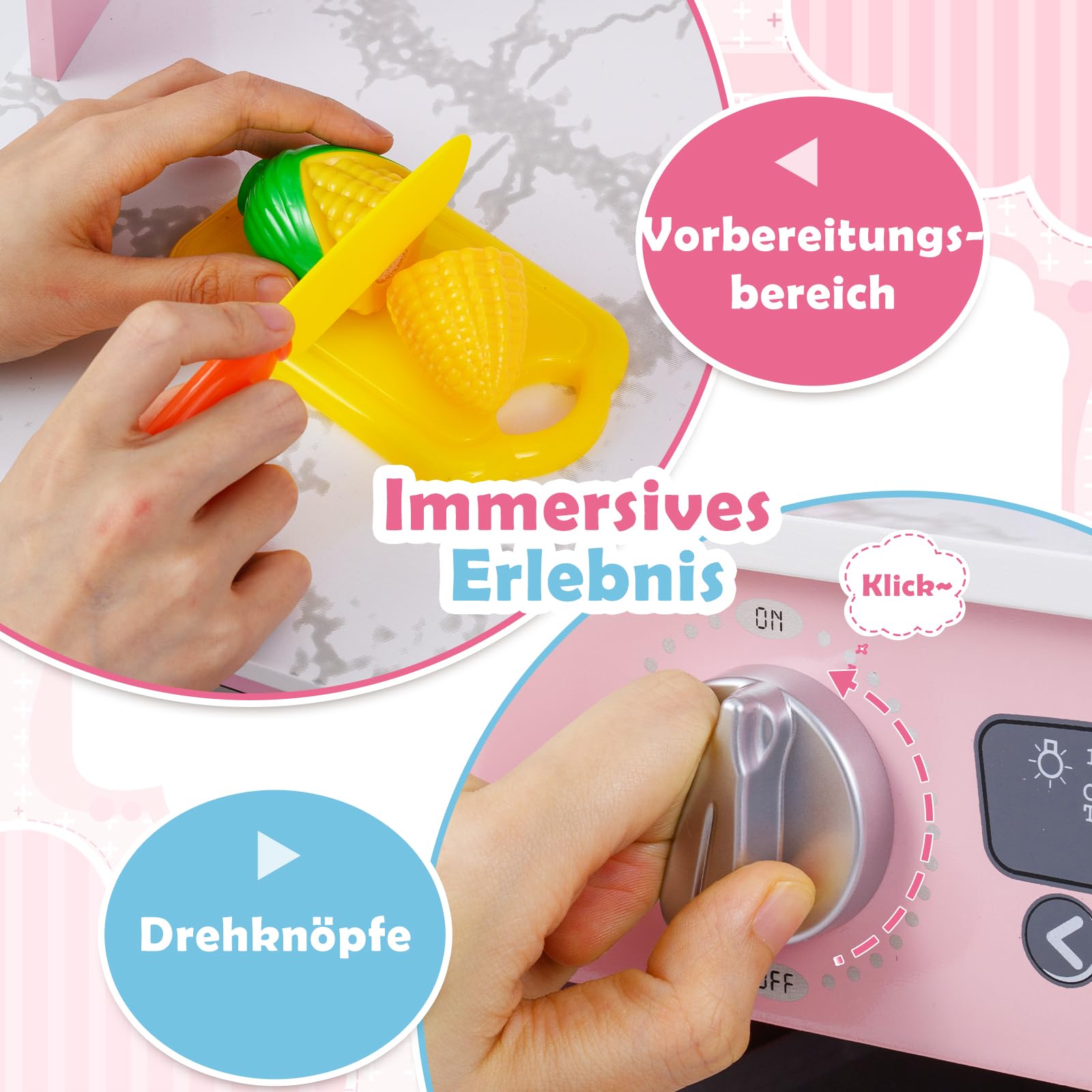 GOPLUS Drewniana kuchnia dziecięca, kuchnia do zabawy z realistycznym światłem i dźwiękiem, kuchnia zabawkowa z kuchenką, kuchenką mikrofalową, okapem kuchennym, pralką i akcesoriami, drewniana