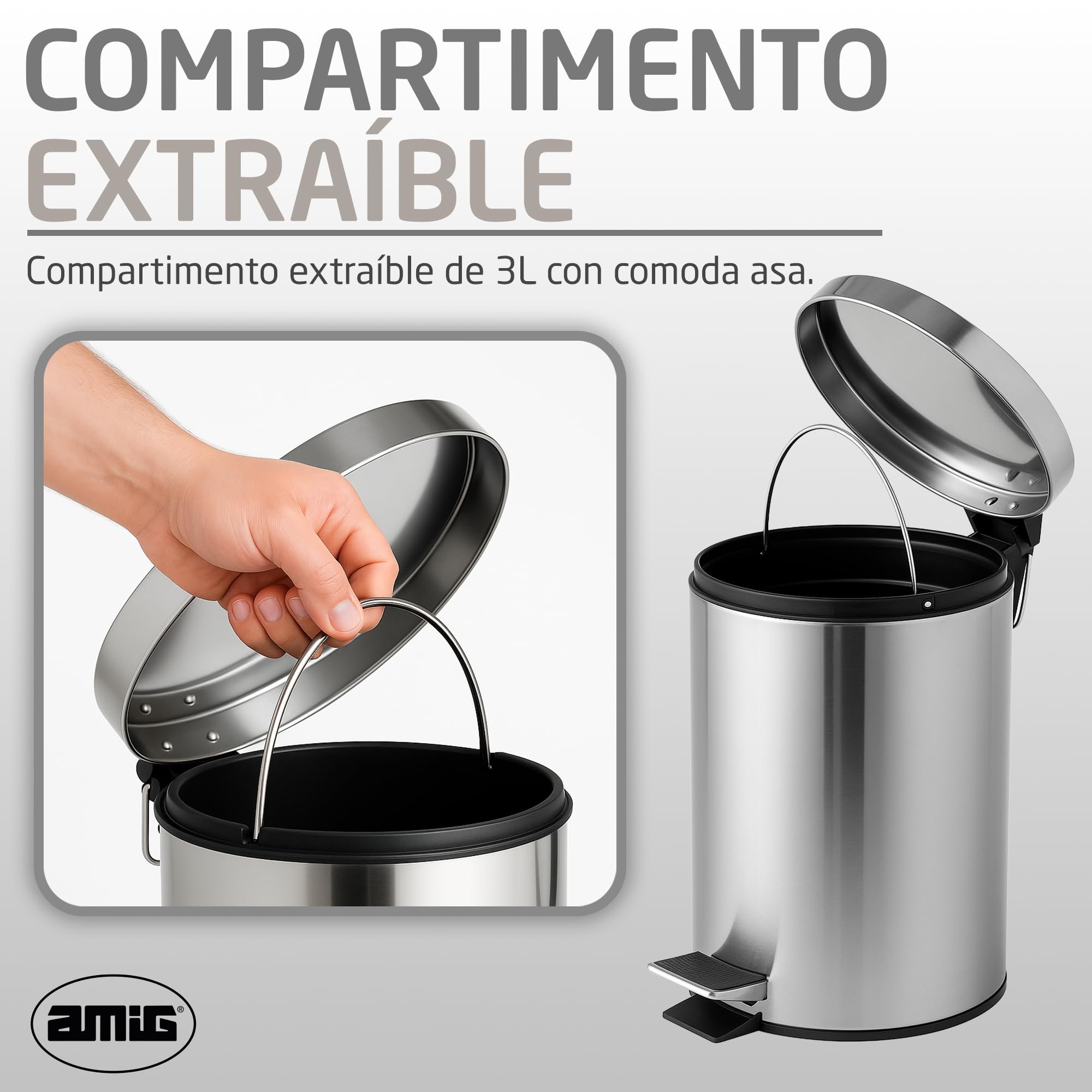 Amig - Cubo de Basura para Baño con Pedal 3 Litros Mod. Linea - Color Inox Pulido - Apertura Higiénica sin Manos - Ø16,8 x 25,5 cm - Acero Inoxidable - Papelera Redonda con Cubo Interior Removible