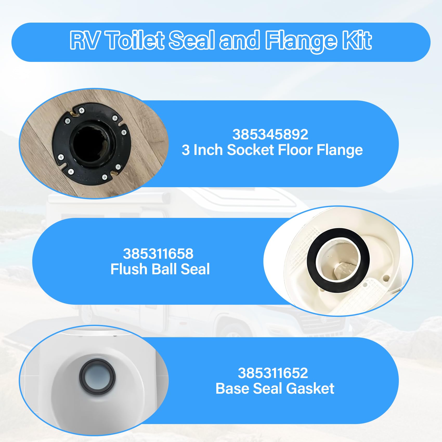 Guarnizione WC RV e Kit Flangia da Pavimento Presa da 3 Pollici per WC Dometic 300 310 320 RV, Kit Parti di Ricambio 385345892 Flangia, 385311658 Guarnizione a Sfera a Filo e Guarnizione di Tenuta