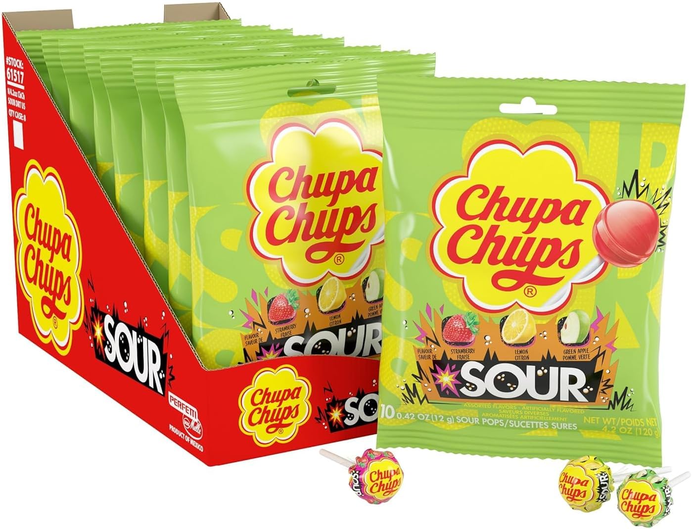 SOUR Lollipops, Variety Pack, Lemon, Strawbery & Apple Flavored, Individually Wrapped Bulk Sour Candy Suckers for Adults & Kids, 4.2 oz Peg Bag (Pack of 8)