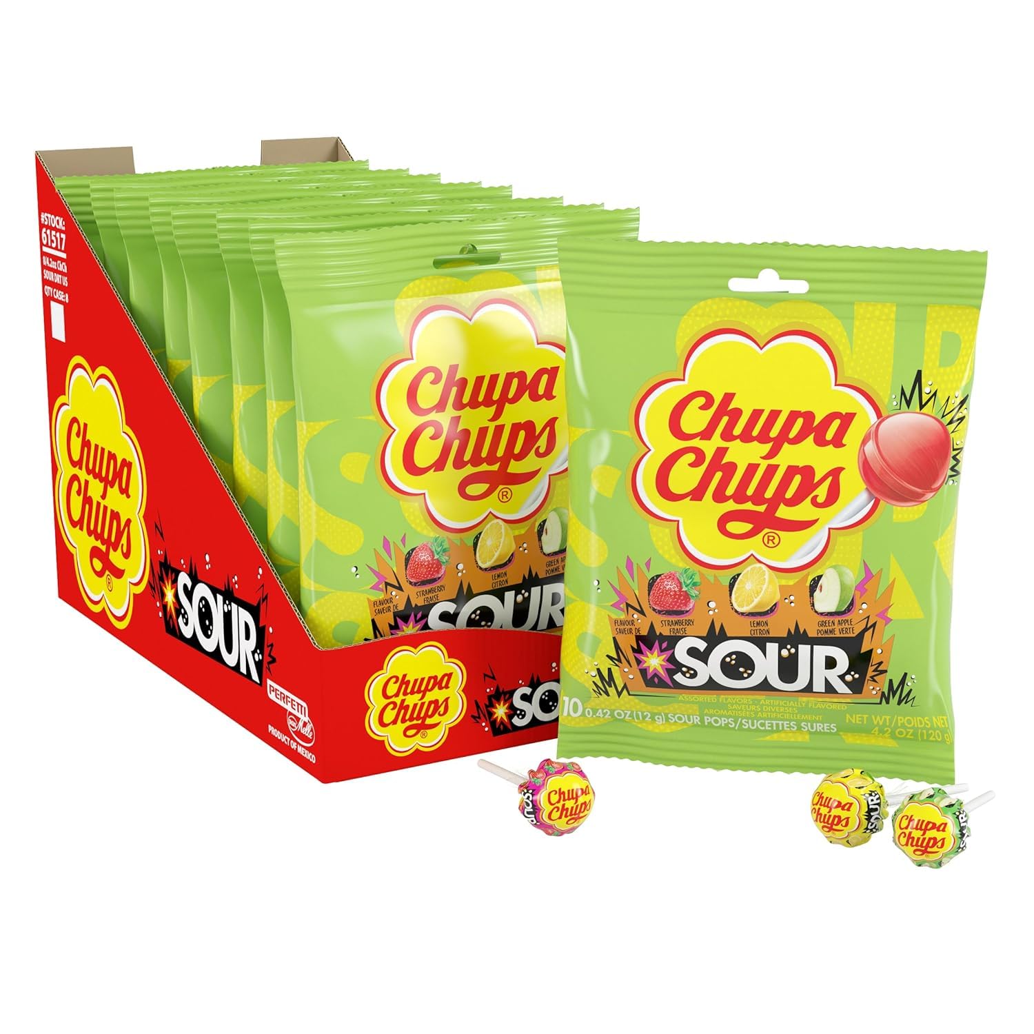 Chupa Chups SOUR Lollipops, Variety Pack, Lemon, Strawbery & Apple Flavored, Individually Wrapped Bulk Sour Candy Suckers for Adults & Kids, 4.2 oz Peg Bag (Pack of 8)