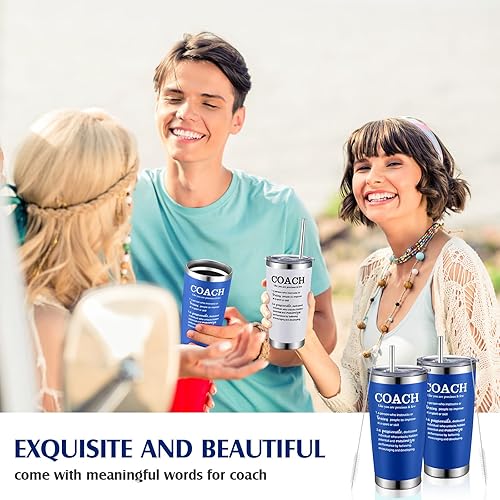 Miniatura 6 de Paquete de 4 vasos de acero inoxidable de 20 onzas con tapa, popote y cepillo, regalo de agradecimiento para entrenador, voleibol, baloncesto,