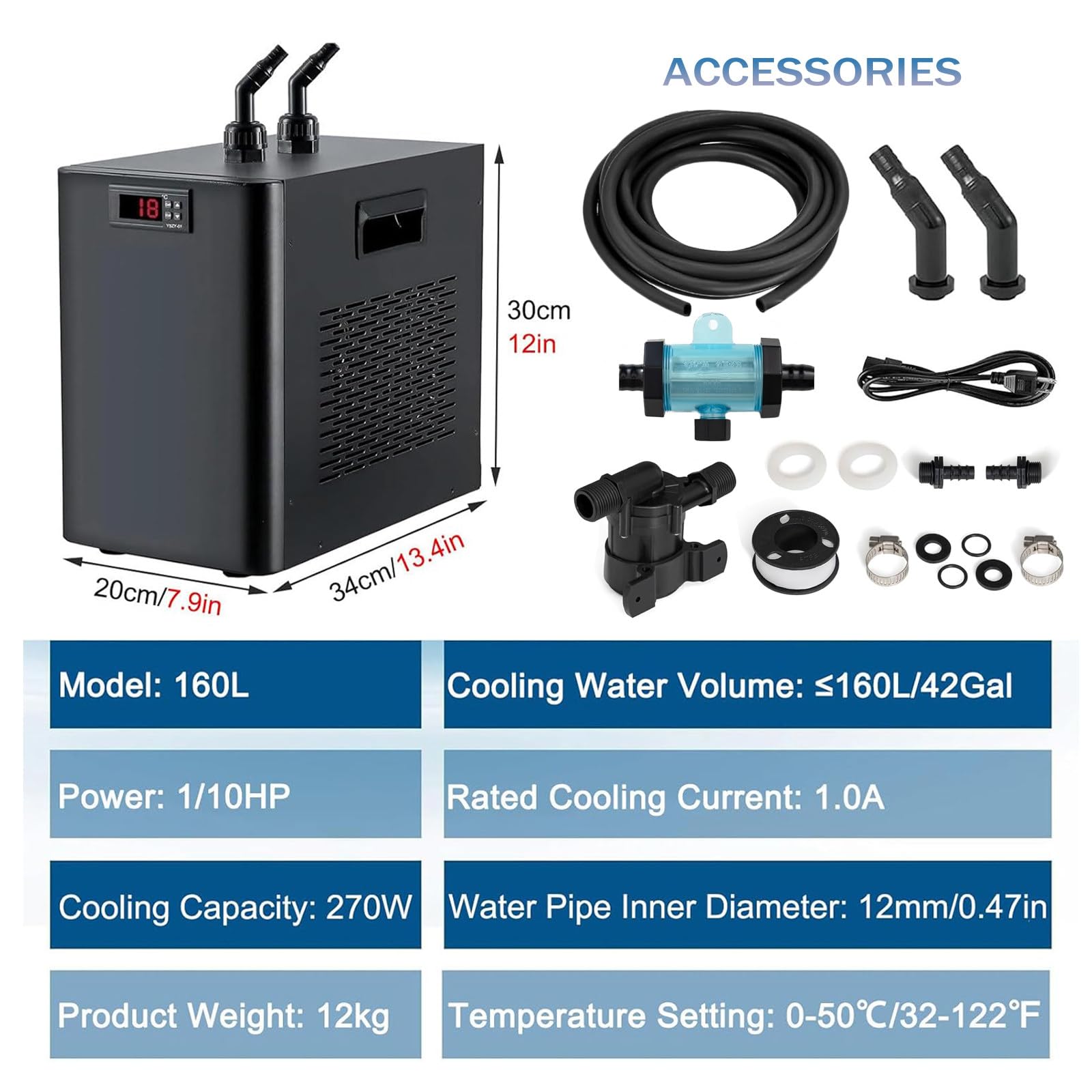Enfriador de Acuario de 160L/300L/500L, Enfriador de Agua para Pecera de 1/10 Hp, 1/3 Hp, 1/2 Hp con Compresor de Diseño Silencioso, Refrigeración para Medusas y Arrecifes de Coral,160L/42gal