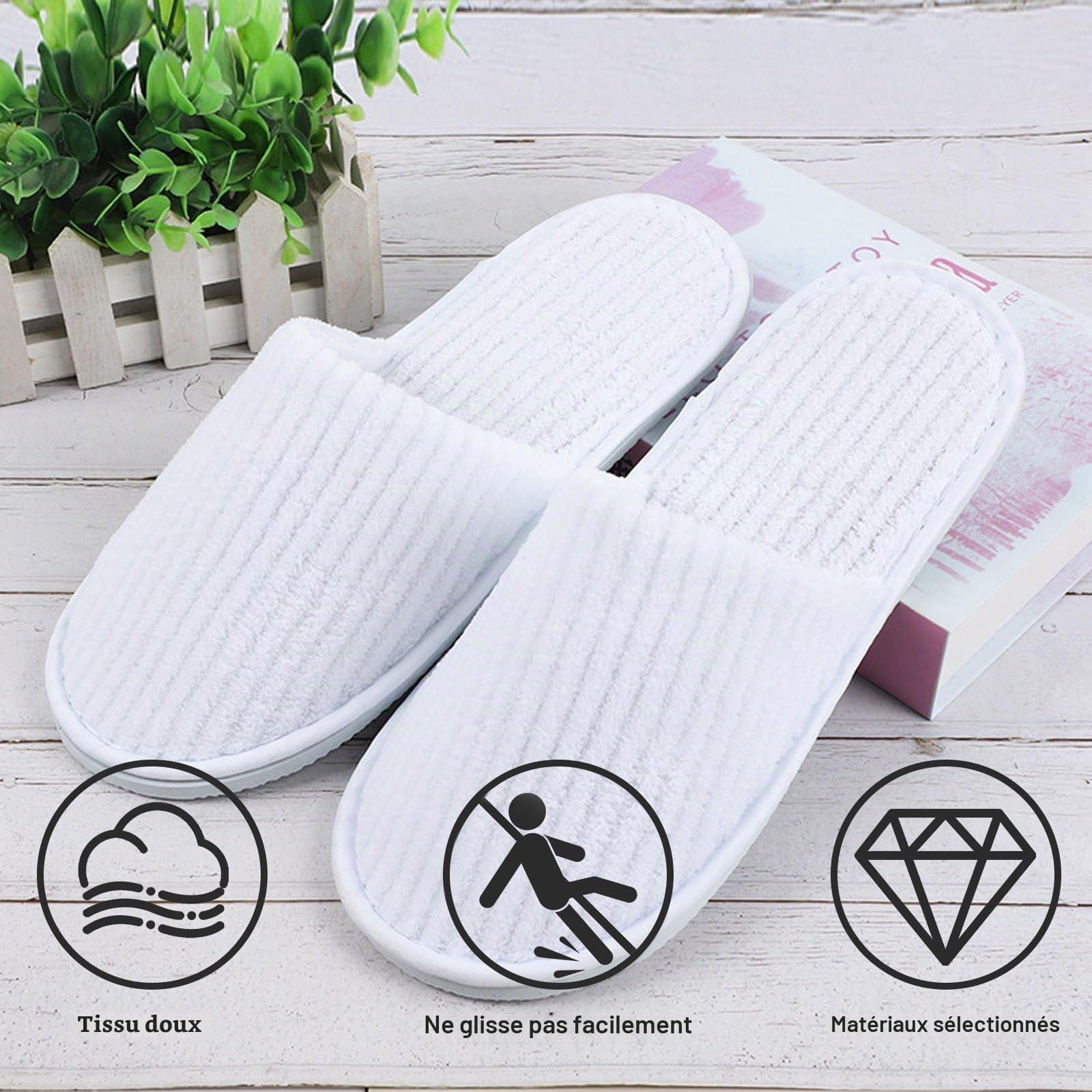 Lot de 10 paires de chaussons en polaire de corail : chaussons blancs pour spa, chaussons en polaire de corail pour invités, pantoufles lavables en velours de coton unisexes, pantoufles d'hôtel