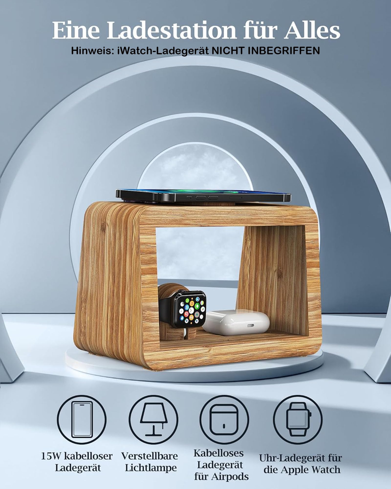 Estación de Carga inalámbrica con luz Nocturna, Cargador rápido inalámbrico 4 en 1 con Adaptador y Cable, Cargador inalámbrico para i Phone, AriPods Pro, A`pple Watch
