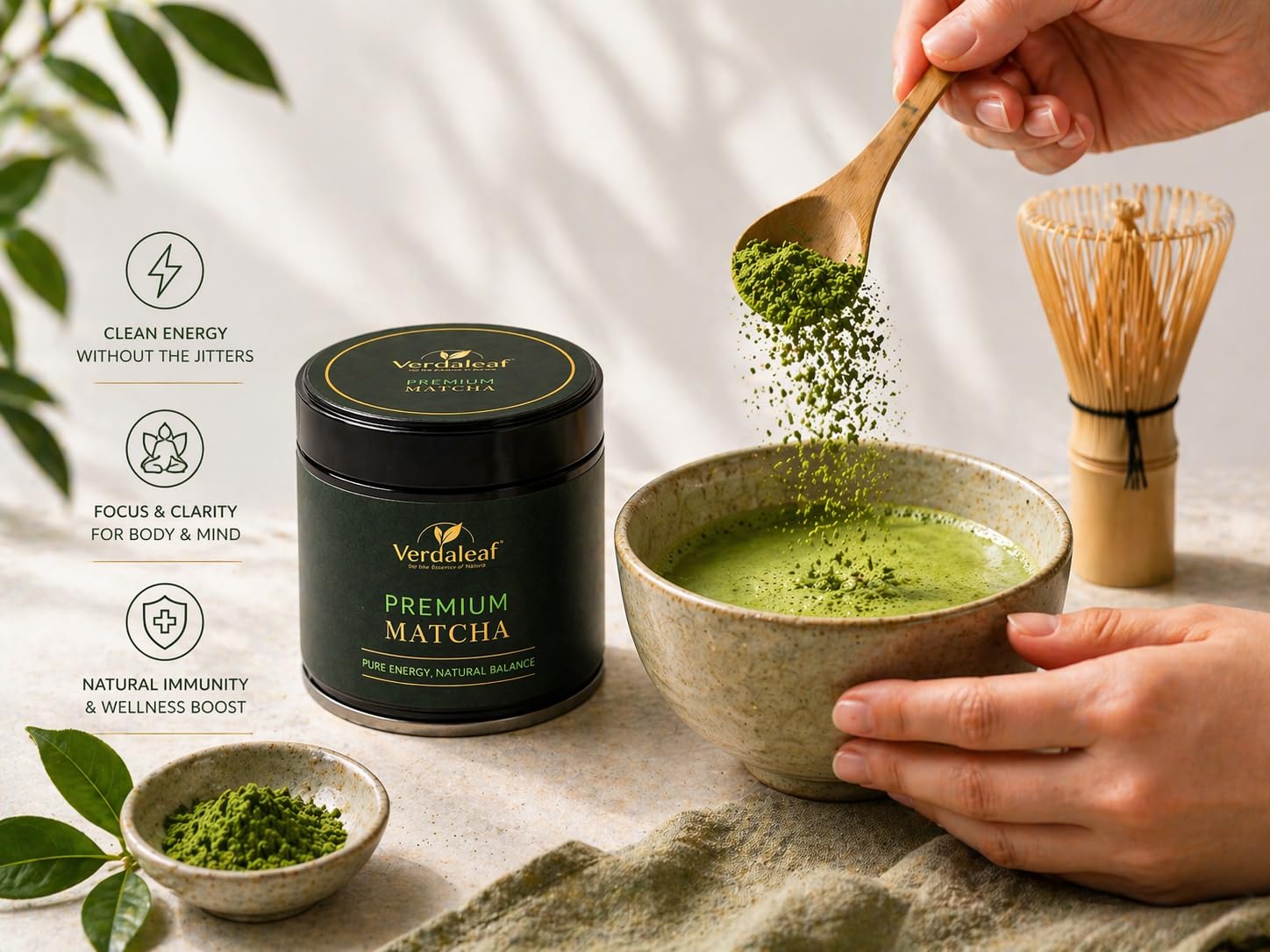 Verdaleaf USDA Organic Matcha Gift Box – 50g Ceremonial Grade Japanese Matcha with Bamboo Whisk & Scoop – Premium Matcha Starter Kit