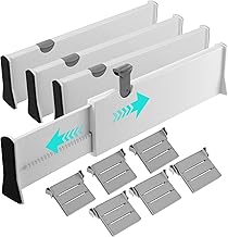 Adjustable Plastic Drawer Dividers (Pack of 4), Adjustable Length from 37.5 to 54 cm, Height 10 cm, 6 Dividers, Divider Drawers Suitable for Dressers, Offices etc (White)