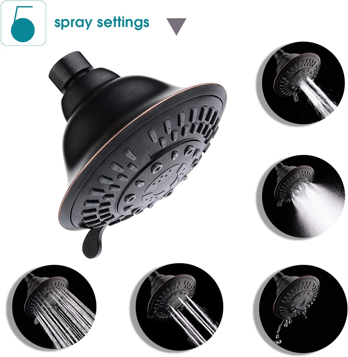 BRIGHT SHOWERS 5 Spray Setting Fixed Shower head High Pressure Rain Showerhead and Matching 5 Inch Universal Shower Head Extension Arm and 6 Inch Brass Shower Arm with Flange Shower Pipe