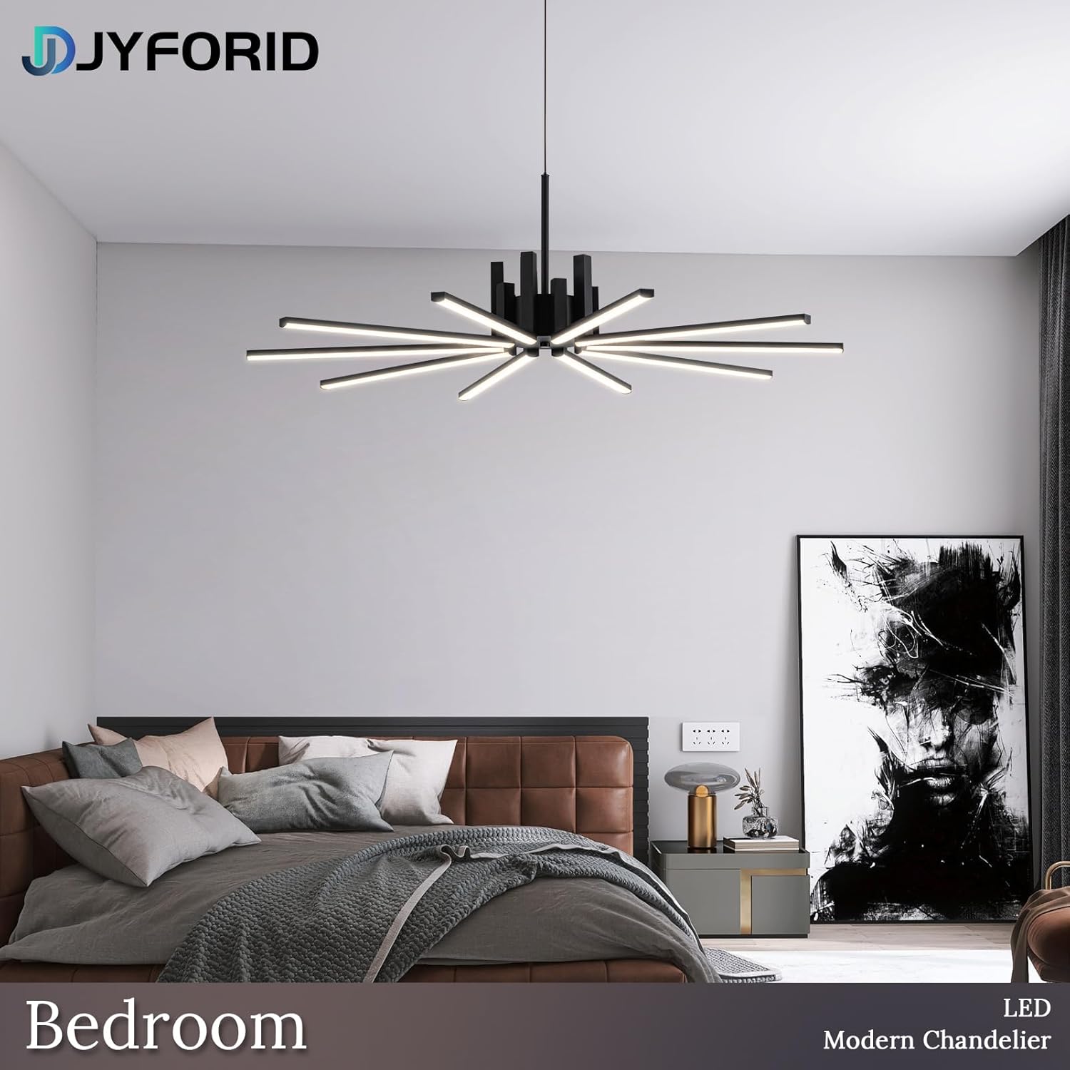 Black Modern Sputnik Chandelier with Remote Control, 56W 3-Color Temperature Dimmable LED Chandelier for Dining Room, Hanging Adjustable Pendant Light for Living Room Kitchen Foyer Entryway