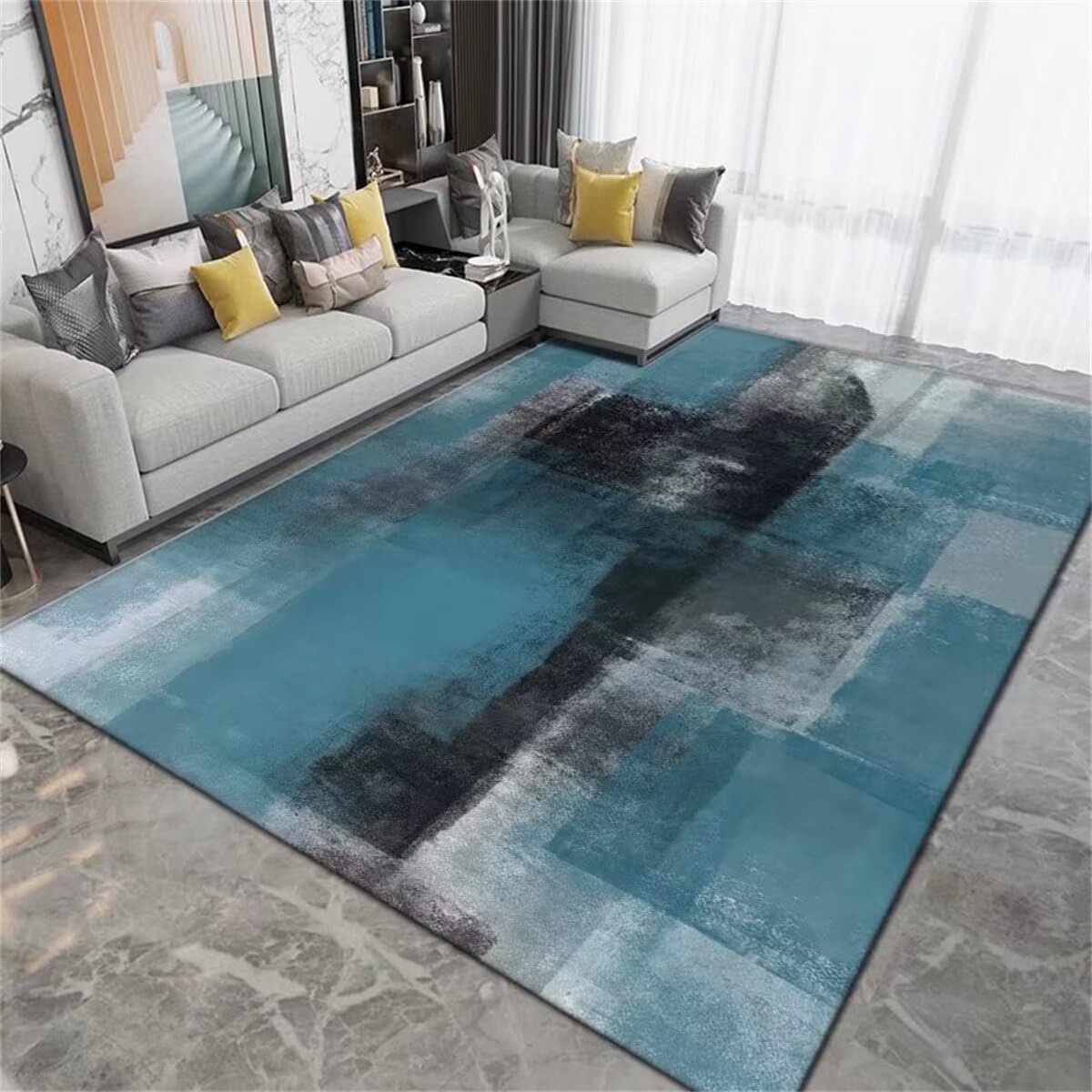 Tapis géant design abstrait gris et bleu pour chambre d'adolescent