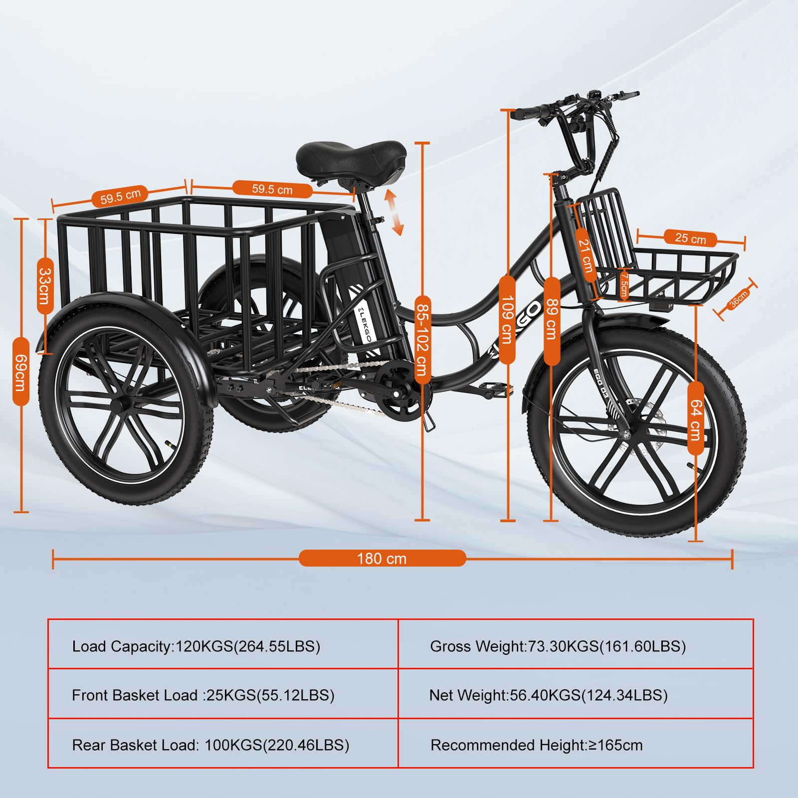 20 Zoll E Bike Dreirad, 48V 18AH abnehmbare Batterie, NFC-Entriegelung, Vorwärts- und Rückwärtsgang, mit Fettreifen, Scheinwerfer, Lastenfahrrad, Tragfähigkeit 200 kg