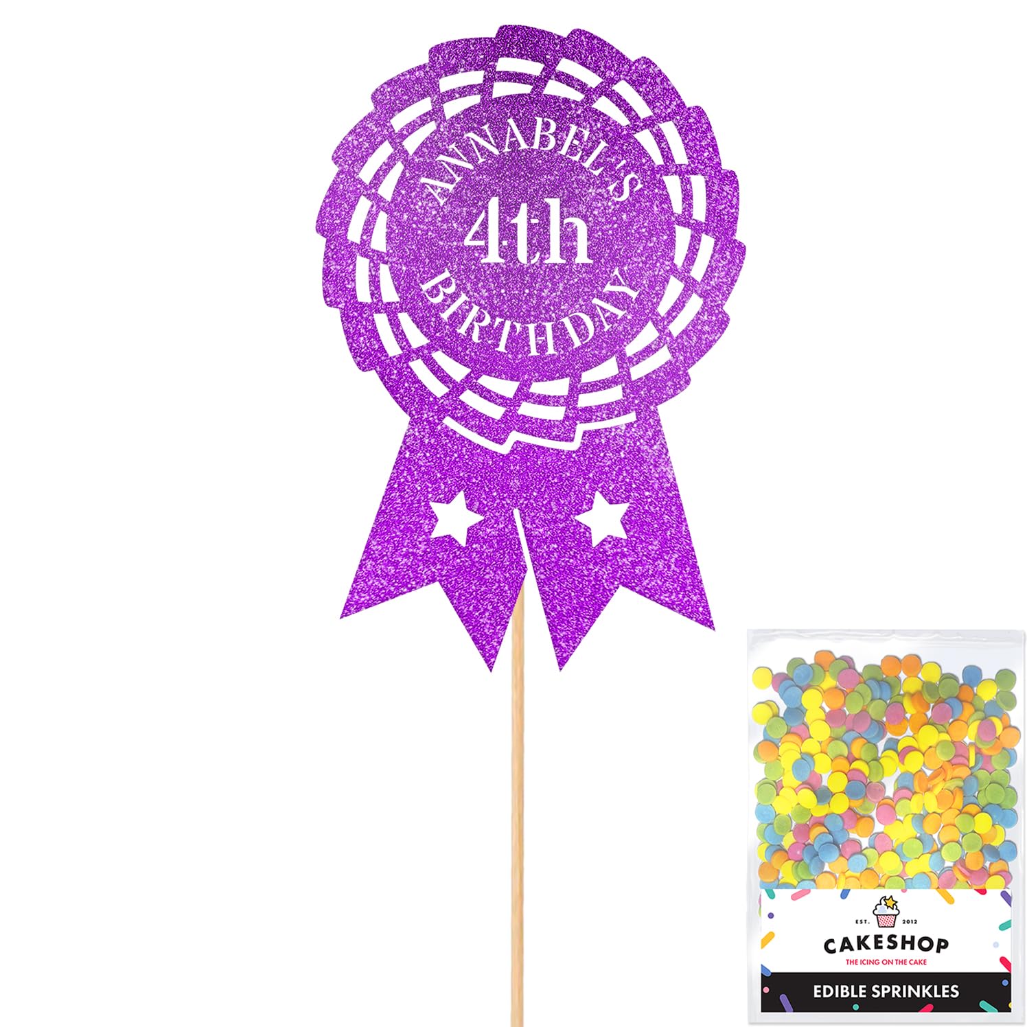 Personalised Horse Riding Rosette Award Glitter Cake Topper - Purple Custom Age & Name Glitter Cake Decoration and Sprinkles - Happy Birthday Decorations - Personalised Toppers for Cakes by Cakeshop