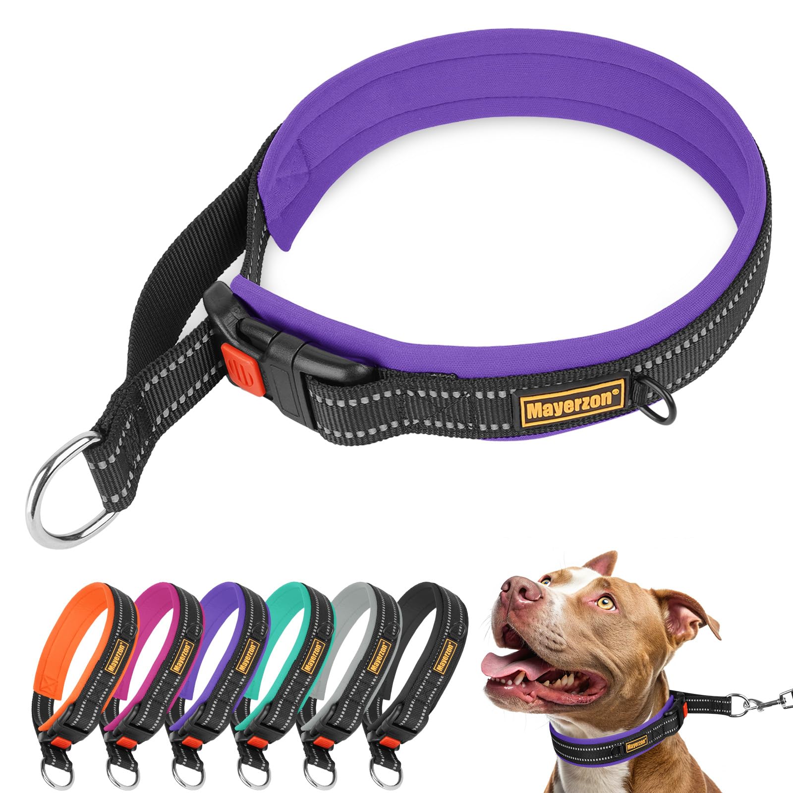 Mayerzon 3.8CM Wide Martingale Collar for Large Medium Small Dogs Pitbull German Shepherd, No Pull Reflective Slip Martingale Dog Collar with Buckle Soft Padded for Walking Training(Purple, XXL)