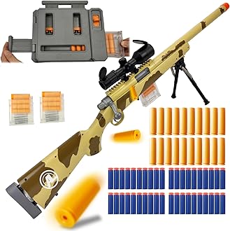 AGM MASTECH M24 Soft Bullet Toy Gun, Empty Shell Ejecting Design, Enhanced Scope, Fast Dart Loader, 40 Soft Foam Darts, 20 Shells, 2 Magazines. Blasting Toy Foam Blaster for Boys and Girls.(Yellow)