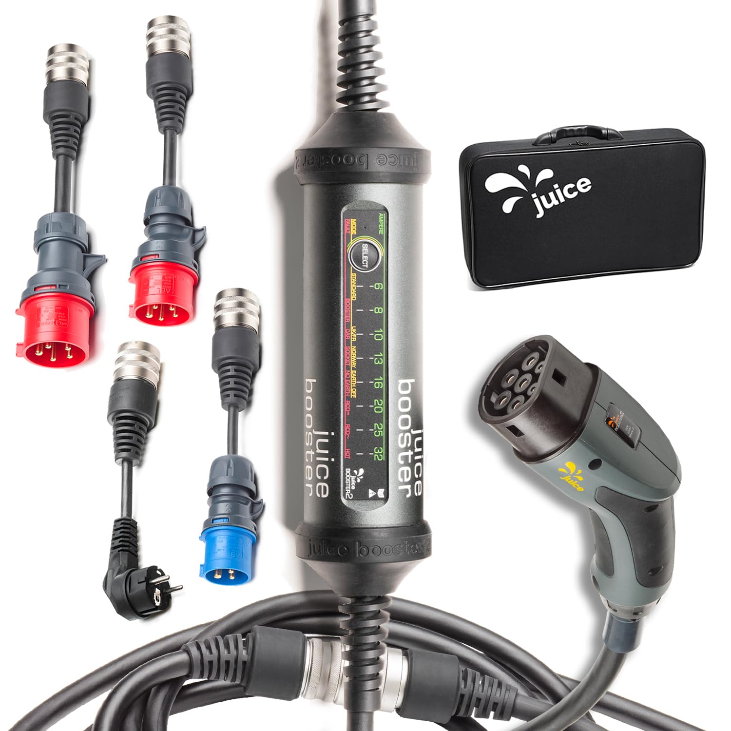 Juice Booster 2 Traveller Set, Mobilna Stacja Ładowania Wallbox 22kW, Ładowarka do Pojazdów Elektrycznych z Port Typu 2, Wodoodporność IP67, w tym 3x Adapter CEE 32/16 1-3 Fazy + Schuko EU