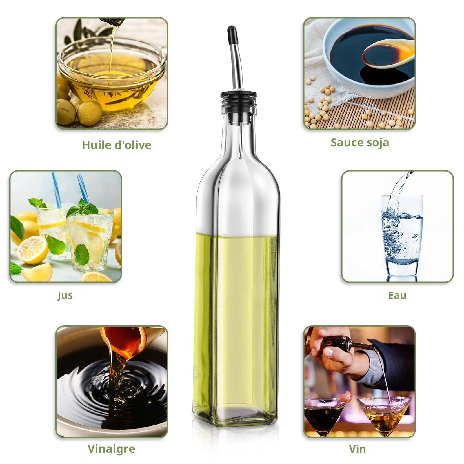 Pack De 2 Bouteilles Huile Et Vinaigre Bikalan - Distributeur Verre 350ml Avec Bec Verseur Doré
