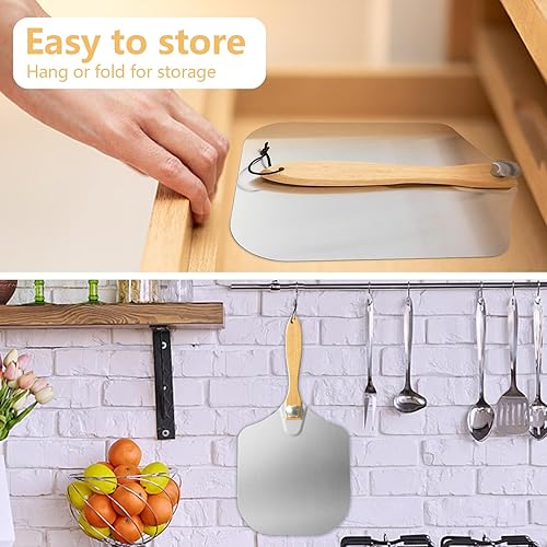 Miniatura 4 de Luvan Pala de pizza de metal de aluminio con mango de madera plegable, cáscara de pizza de aluminio de 12 x 14 pulgadas, paleta de pizza plegable