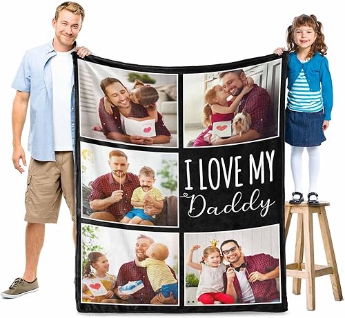 Miniatura 4 de MyPupSocks Manta personalizada para papá, manta personalizada con fotos y texto, manta con texto en inglés "I Love My Daddy", regalo único de