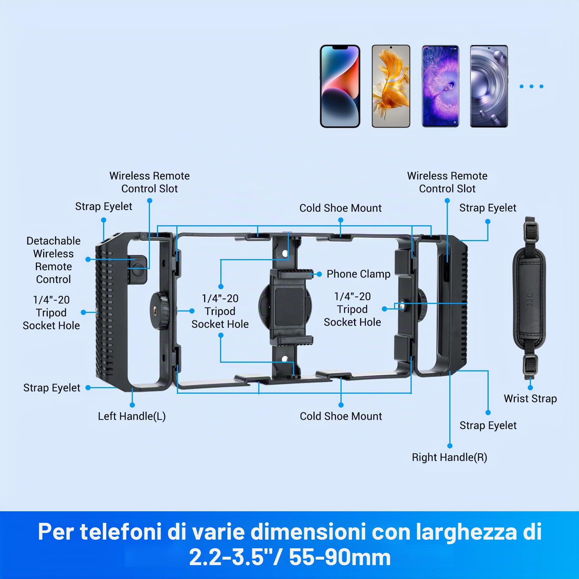 [Multiuso] JJC - Supporto video universale per smartphone + kit di controllo remoto Bluetooth per iPhone 17 16 15 14 13 12 11 Pro Max Huawei Samsung Mobile Phone Video Stabilizzatore portatile riprese