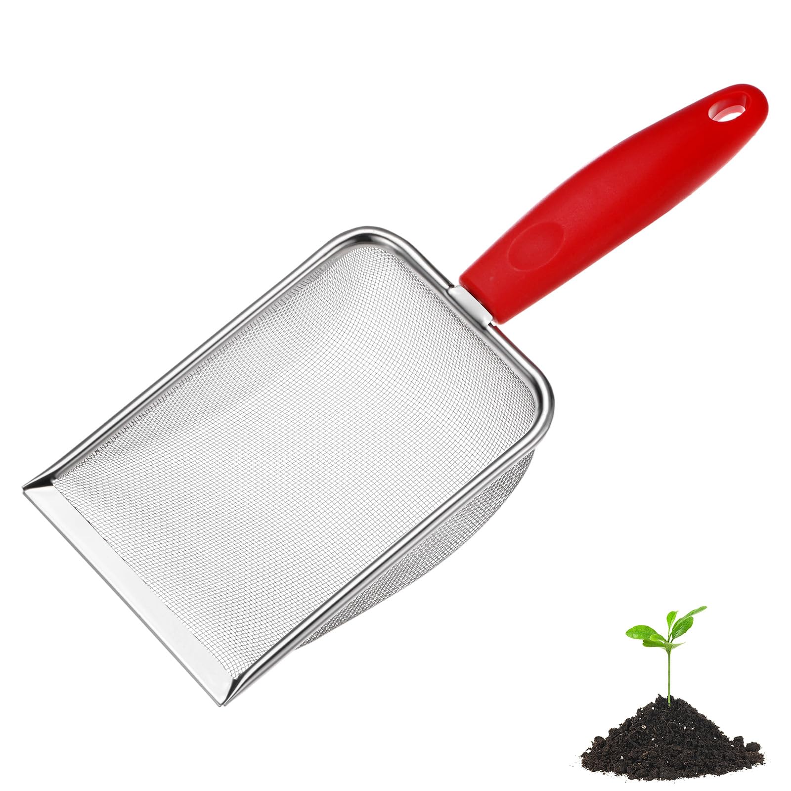 M METERXITY 1-Pack Gardening Soil Sifter, 1 mm Mesh Stainless Steel Portable Gardening Sifter with Plastic Handle for Sand/Dirt/Rock Compost [White, Red]
