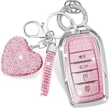Key Fob Cover with Diamond Keychain for Toyota 4 ButtonsSilver-pink | Car Key Holder Compatible with Camry 2025,Venza 2019-2024,RAV4 4Runner,Land Cruiser,Fortuner,Grand Highlander,Corolla