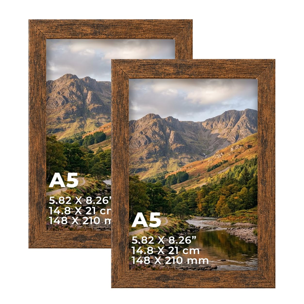 DECORO Rustic A5 (14.80X21.00 CM) Pack of 2 Picture Frame with Plexiglass Front & Engineered Wood Construction, Wall Hanging Display for Photos, Posters, Prints & Artwork, Portrait or Landscape