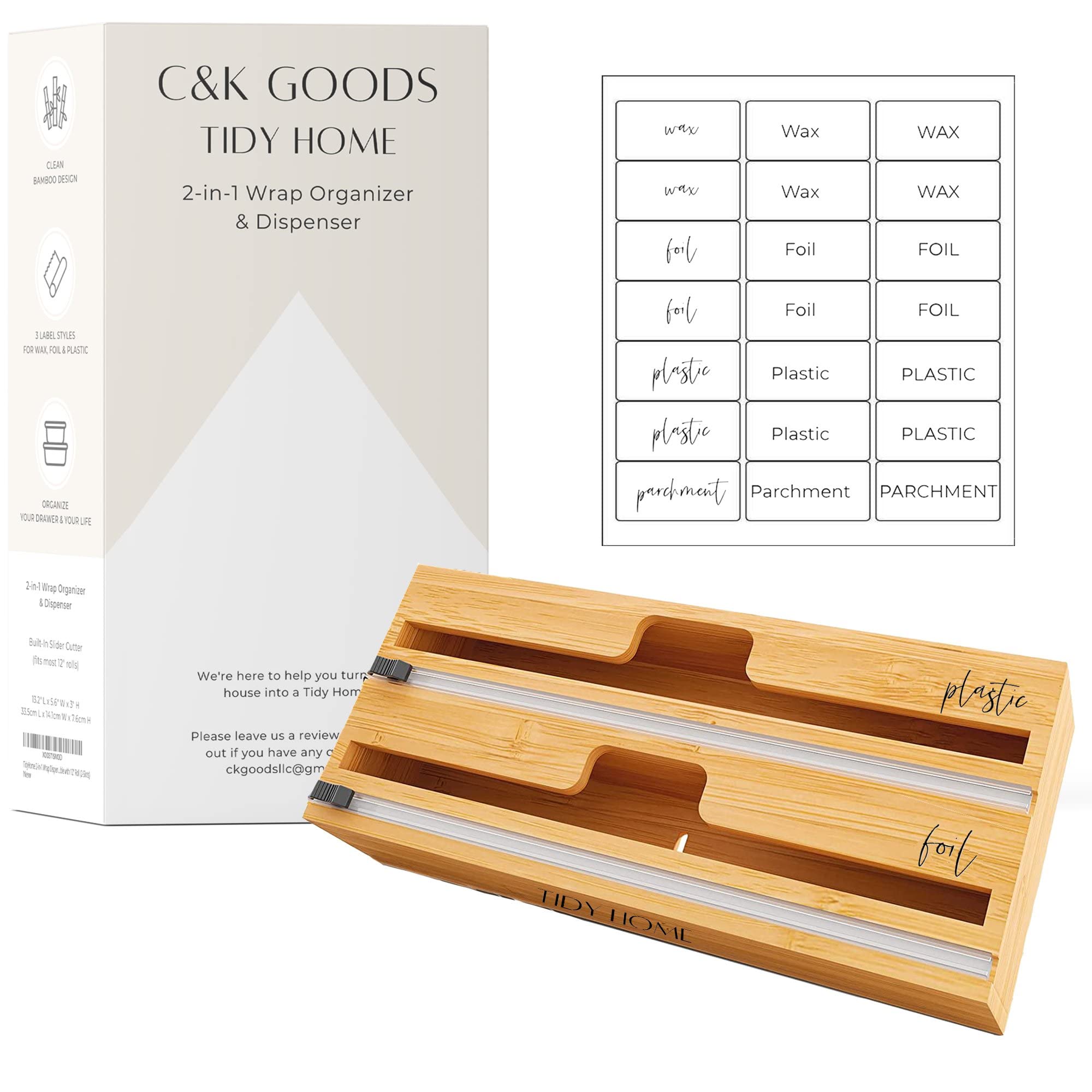Photo 1 of **NEW**  C&K Goods Tidy Home 2-in-1 Wrap Dispenser with Cutter and Labels, Plastic Dispenser for Kitchen Drawer, Aluminum Foil, Wax Paper, Parchment Paper, Bamboo Organizer Holder, Holds 12" Rolls, 2-Slots