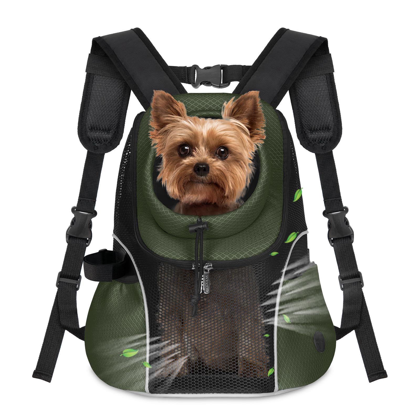WOYYHO Pet Dog Carrier Backpack Small Dog Front Backpack Ventilated Mesh Dog Travel Back Pack with Safety Belt for Travel Hiking Cycling Outdoor Adventures (Size M: 5-9 lbs, Army Green)