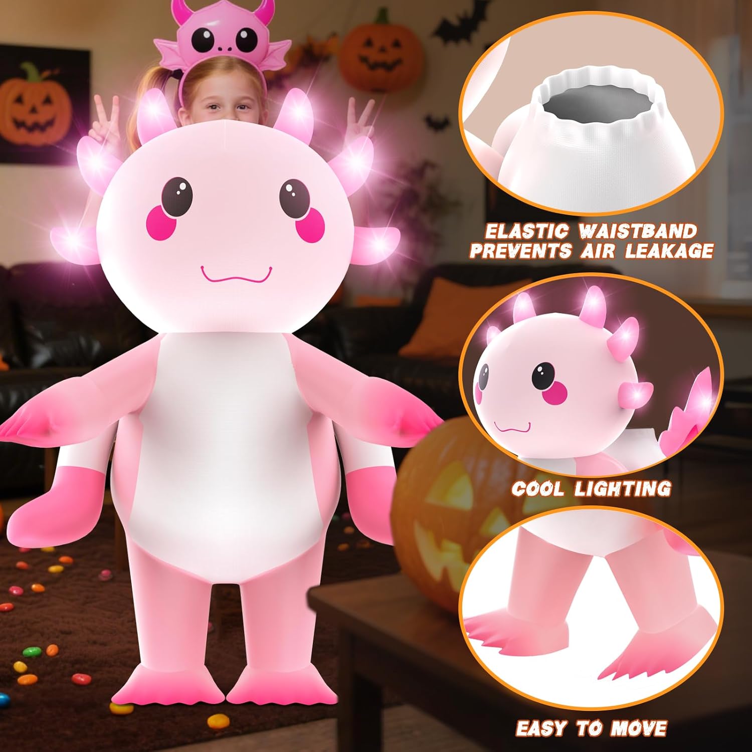 Skirfy Inflatable Costume for kids,Inflatable Axolotl Riding Costume with Lights,Halloween Glow in The Dark Blow up Costume for Girls Boys 6-9 - Image 5