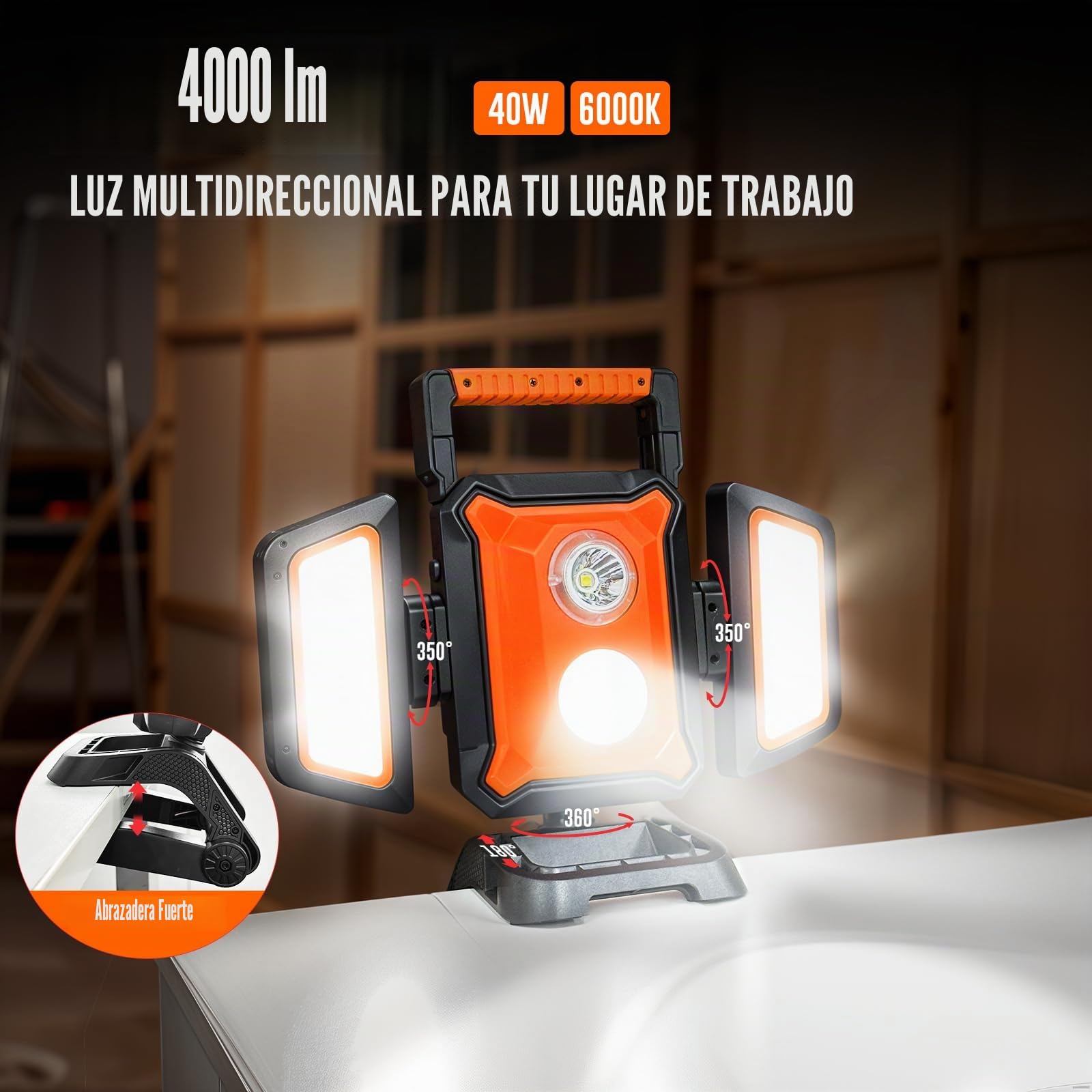 SYLSTAR Foco LED Recargable 40W 4000LM, Foco LED Batería con Pinza y Base Magnética, 360° Plegable con 5 Modos, Luz de Trabajo con Función Powerbank para Obra, Taller, Garaje y Camping