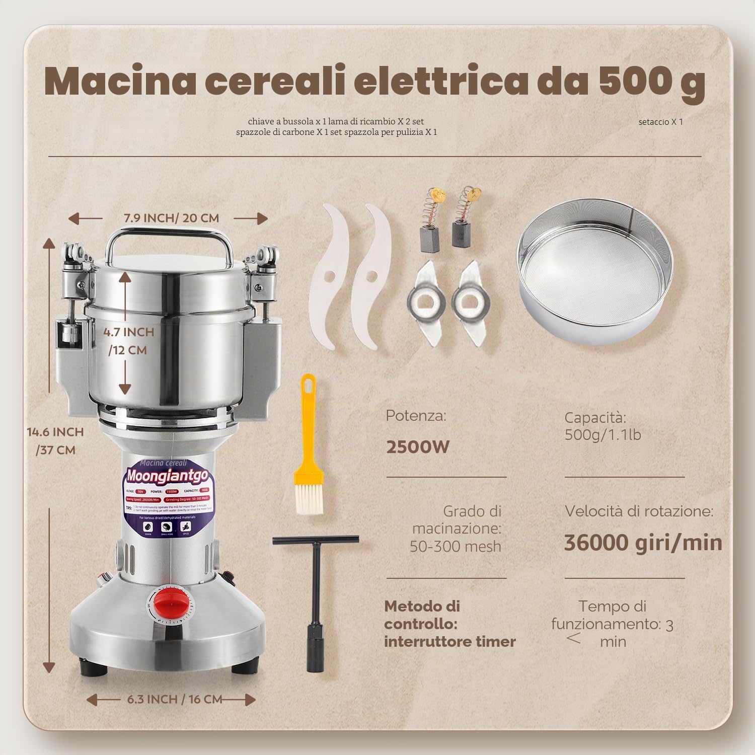 Moongiantgo Mulino Elettrico per Cereali 500g Acciaio Inossidabile, 2500W 36000RPM Motore Commerciale & Rettifica Superfine 30s, Protezione da Sovraccarico & Open-Cover-Stop, Per Grano, Spezie, Ecc.