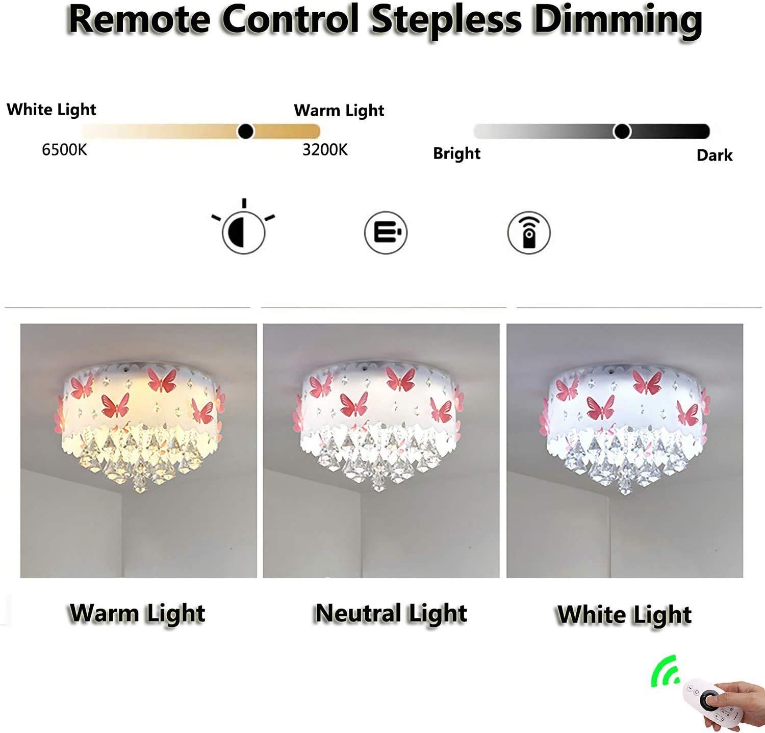 Plafoniera LED per cameretta per bambini, camera da letto, luce regolabile 3000 K - 6000 K con telecomando, bellissima lampada da soffitto con decorazione a farfalla rosa, lampadario in cristallo